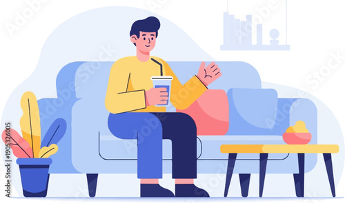 Man relaxing on couch with drink, popcorn, and plant