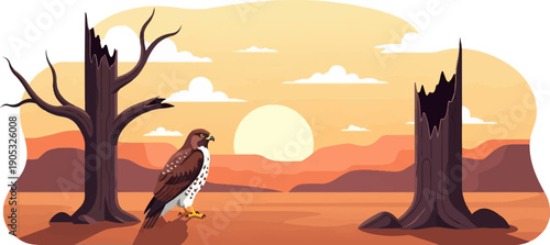 Lone hawk perches by barren trees in a desert landscape at sunset