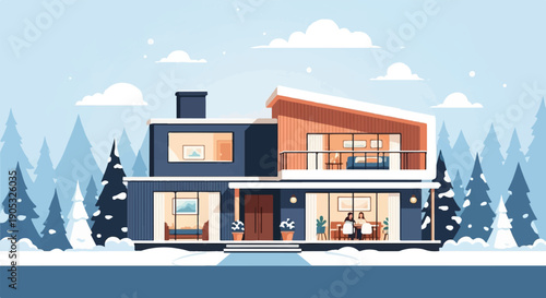 Modern house with large windows in a snowy winter forest scene