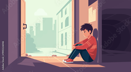 Lonely boy sits outside an open door, looking out at city