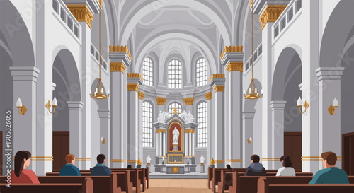 Interior of grand church with worshippers seated in pews facing altar