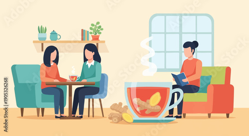Friends enjoy hot ginger tea while one reads