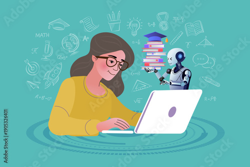 Future education concept with a student and AI robot assistant. Integrating technology and creative learning with floating doodles on a teal background.
