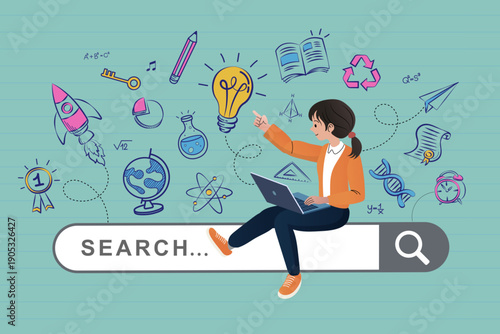 Digital knowledge search concept. A woman sitting on a search bar, symbolizing the quest for information and innovative thinking with educational icons.