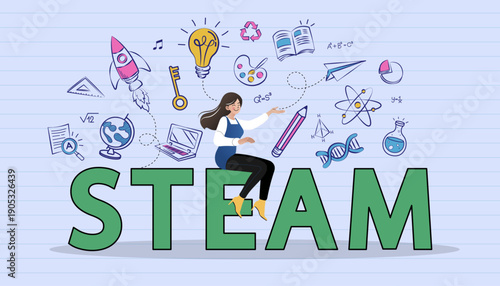 STEAM education concept featuring a woman sitting on large letters. Surrounded by creative doodles for science, technology, engineering, art, and mathematics on a lined paper background.