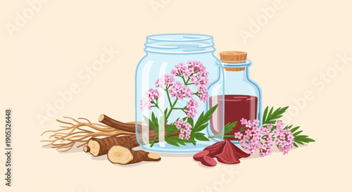 Herbal remedy ingredients including roots, flowers, and infused liquid