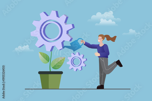 Business growth concept featuring a woman watering a plant with gear flowers. This skill development illustration represents productivity, progress, and nurturing ideas.