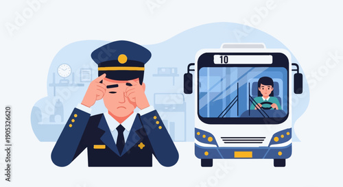 Man rubs tired eyes, while a woman drives a bus behind him