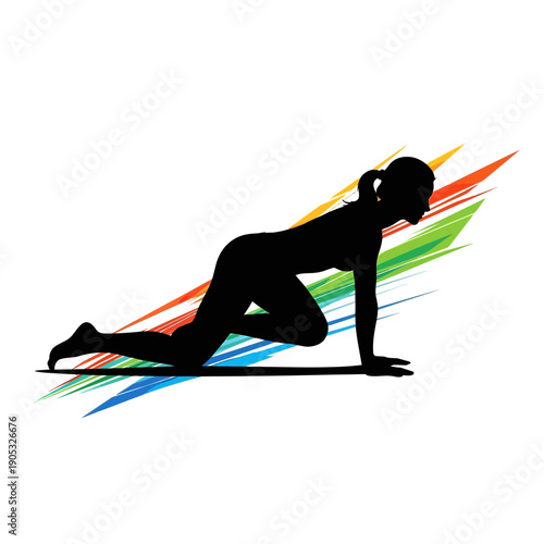 Dynamic Silhouette of a Woman Exercising Vigorously with Vibrant Abstract Color Strokes