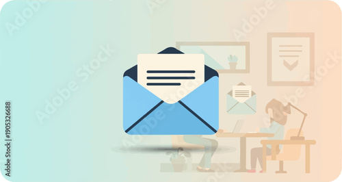 Flat design illustration of correspondence and a person working at a desk