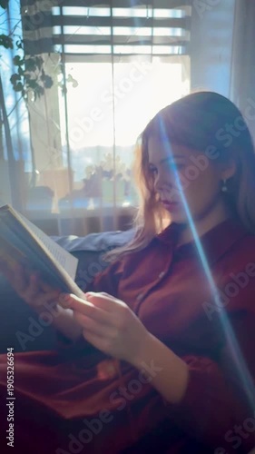 Beautiful young girl reading a book at home lying on the sofa in silence