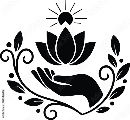 Spiritual vector symbol of a hand holding a blooming lotus flower with sun and decorative leaves for yoga logo.