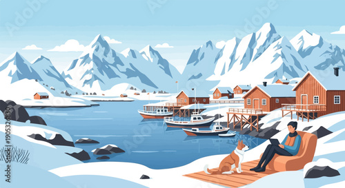 Peaceful winter village with mountains, water, boats, and a person with dog