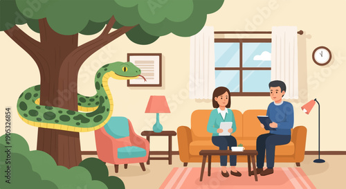 Interior scene with a snake around a tree and two people talking