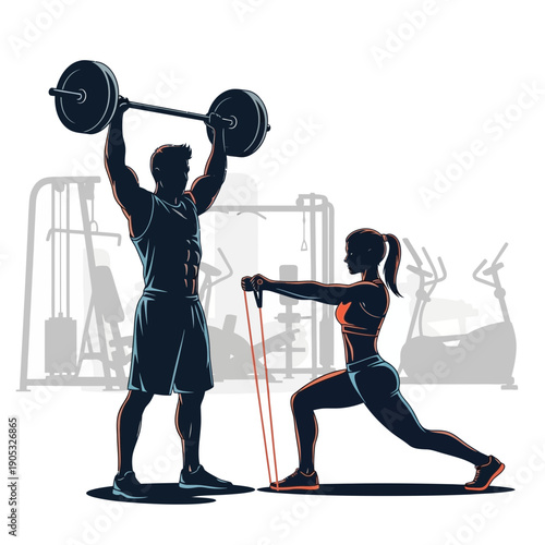 Vector graphic of a man weightlifting overhead and a woman lunging with a resistance band in a gym setting