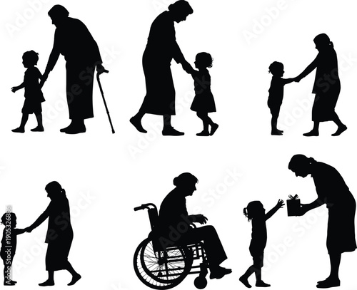 Family generation silhouettes showing grandmother and child, care, support, love, aging, childhood, disability, and intergenerational relationship concept