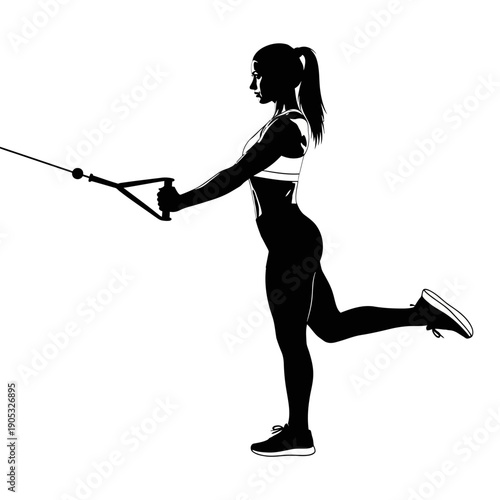 Silhouette of a woman performing a cable leg exercise, focusing on glute and leg strength training in a fitness workout