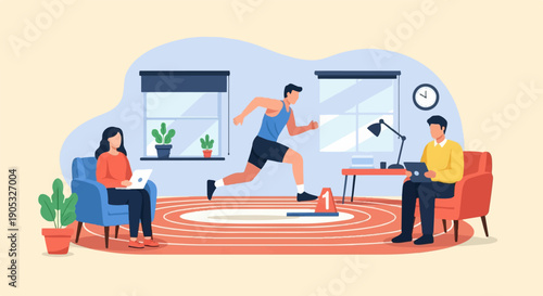 Flat design illustration of people engaging in fitness and remote work indoors