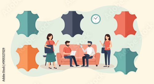 Flat design illustration of people interacting around leather swatches in an office