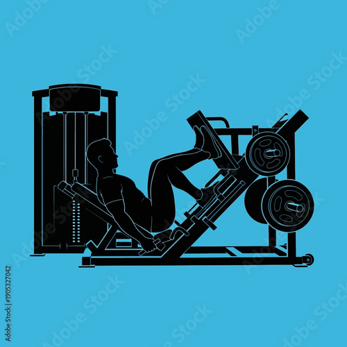 Silhouette of a man performing a leg press exercise in a gym, focusing on strength training and lower body muscle development