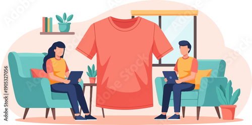 Flat design illustration of people using tablets near a large t-shirt