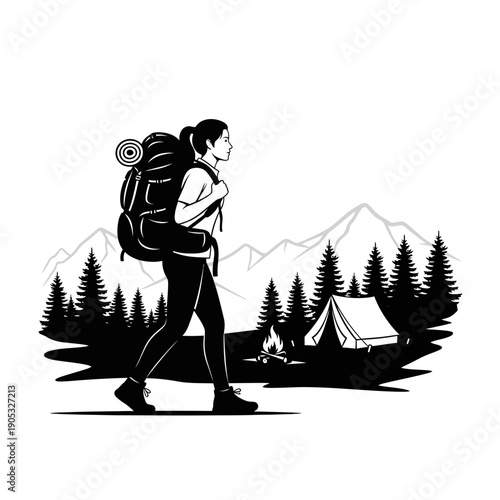 Hiking adventure through mountains with tent and campfire, female trekker
