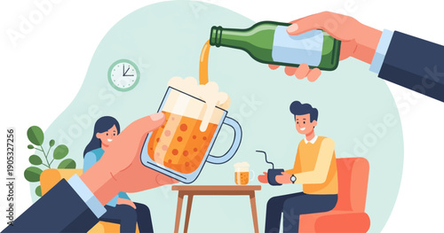 Friends enjoying drinks at a cafe with a clock on the wall