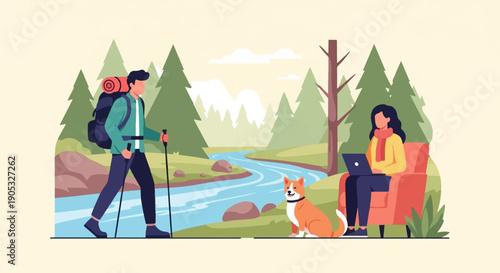 Hiker treks near river while woman works remotely with dog