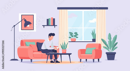 Man sitting on sofa, holding paper, surrounded by plants and furniture