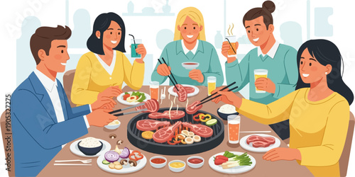 Friends enjoying a barbecue dinner together, grilling meat and vegetables