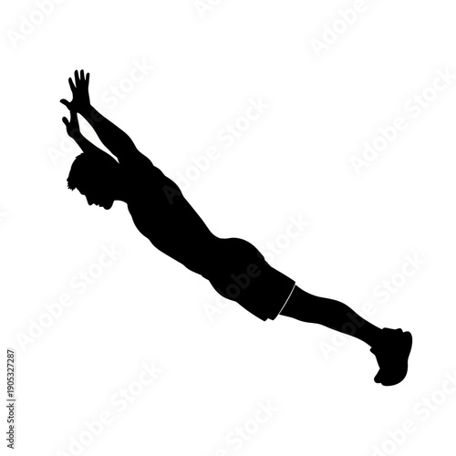 Silhouette of a man doing a push-up exercise, athletic body in motion