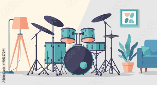 Modern interior with drum kit, floor lamp, sofa, and plant