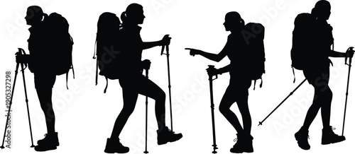 Hiker silhouette collection with backpack and trekking poles walking isolated on white background outdoor adventure travel illustration concept set