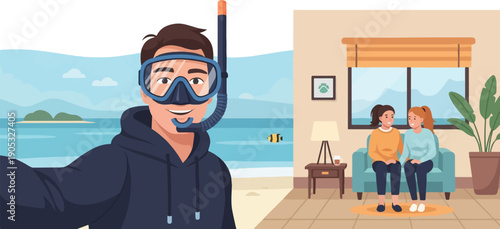 Man takes a selfie at the beach; two women talk inside