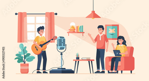 Friends enjoying music and technology indoors on a warm day