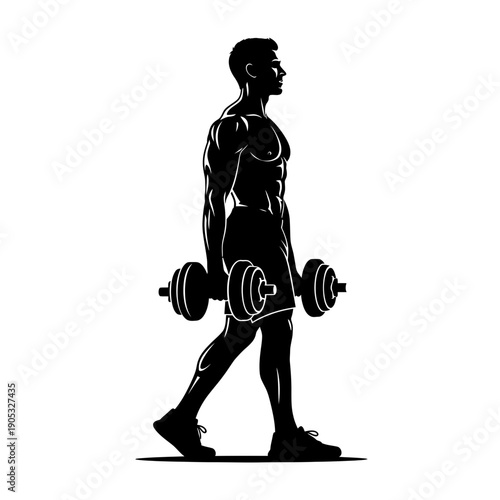 Dynamic silhouette of a strong man walking with dumbbells, showcasing fitness and bodybuilding dedication