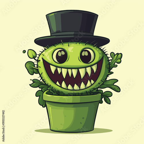 A cartoon-style, green, carnivorous plant with a large smile and sharp teeth is potted