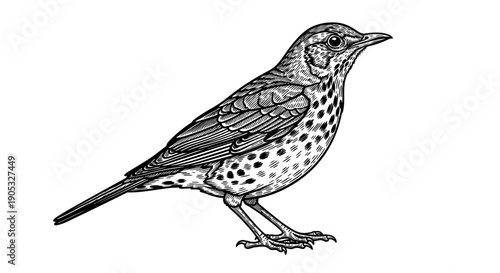 Detailed illustration of a song thrush bird standing on white background.