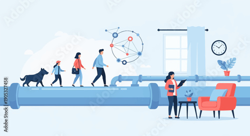 People and a dog walk on a pipe, while another person monitors a network