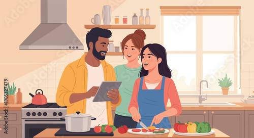 Friends gather in a bright kitchen, preparing food together using a tablet
