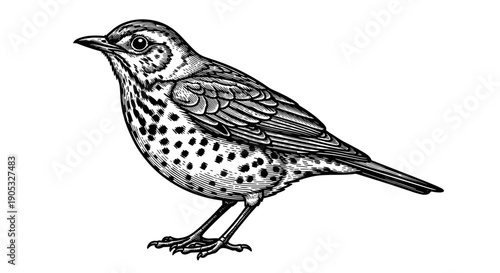 Detailed illustration of a song thrush bird standing.