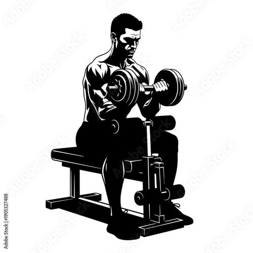 Silhouette of a Muscular Man Performing Bicep Curls on a Weight Bench