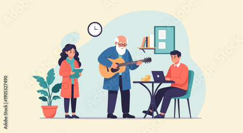 Office workers enjoy music, work, and plants during a casual day