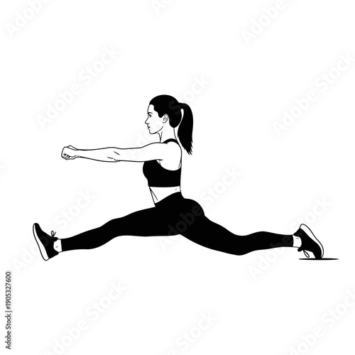 Dynamic female athlete demonstrating advanced flexibility with a full split, embodying strength and dedication in her fitness journey