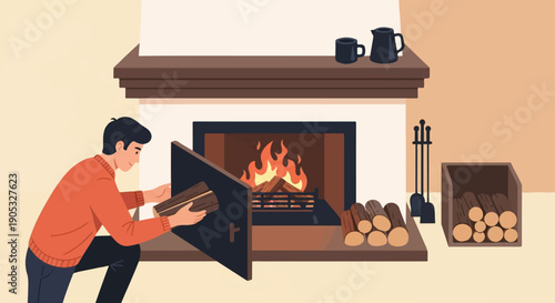 Man adds logs to a cozy fireplace with a warm glow