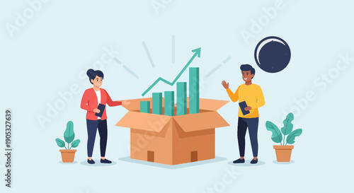 People and a growing bar chart emerging from a box, representing business growth