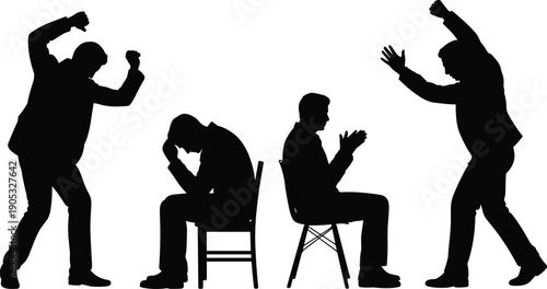 Man emotion silhouette collection showing anger stress frustration applause gestures isolated on white background, human behavior psychology concept illustration set