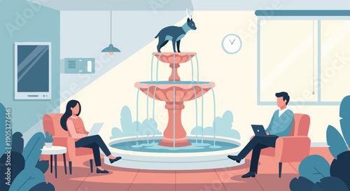 Interior scene with people working on laptops by a fountain