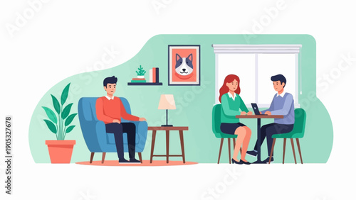 Interior scene with people interacting and relaxing