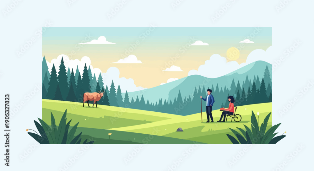 Obraz premium People and animal enjoy a scenic mountain landscape with trees